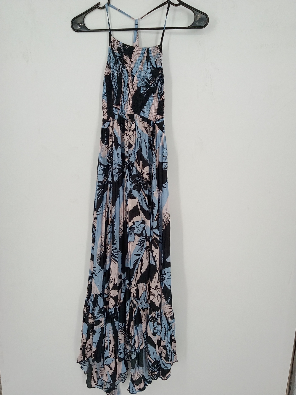 Free People Smocked Floral Midi Dress in Blue, Black & Cream Was Sz4l XS